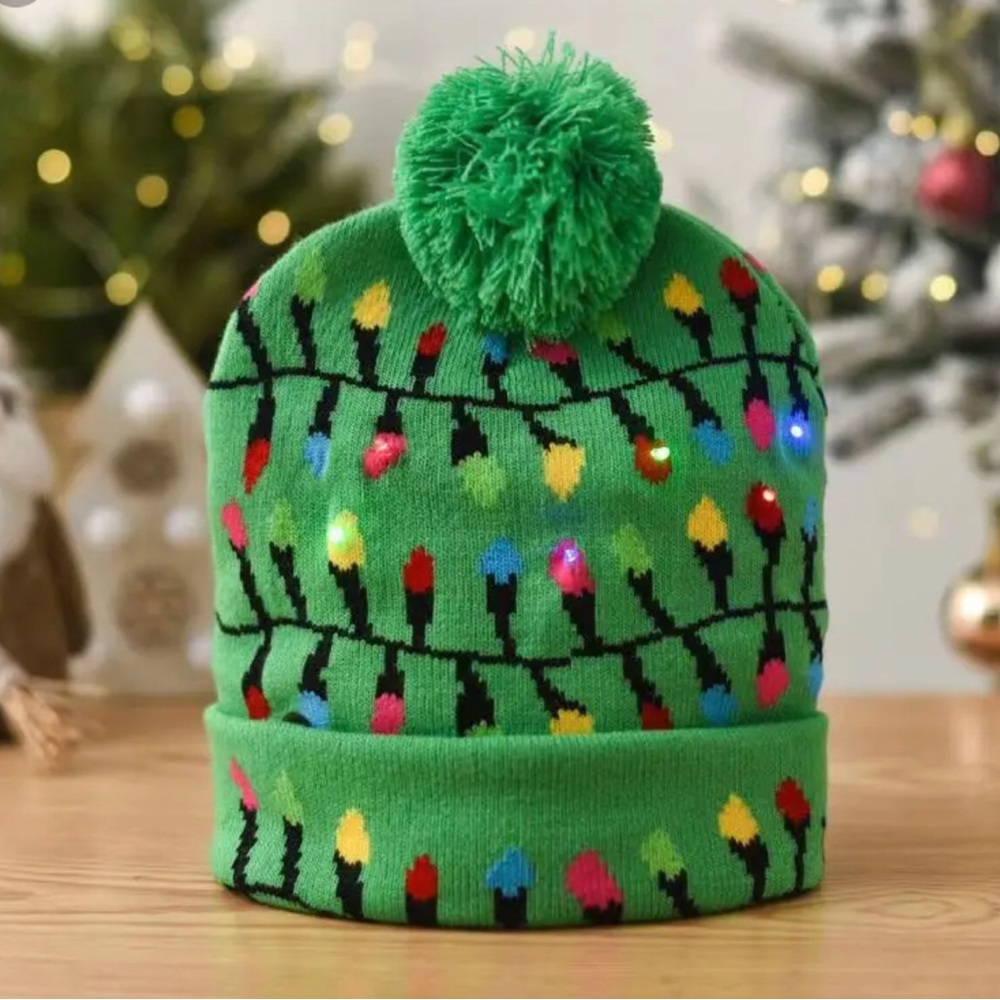Kids Green Pom-Pom Beanie with Colorful Light Bulb Design